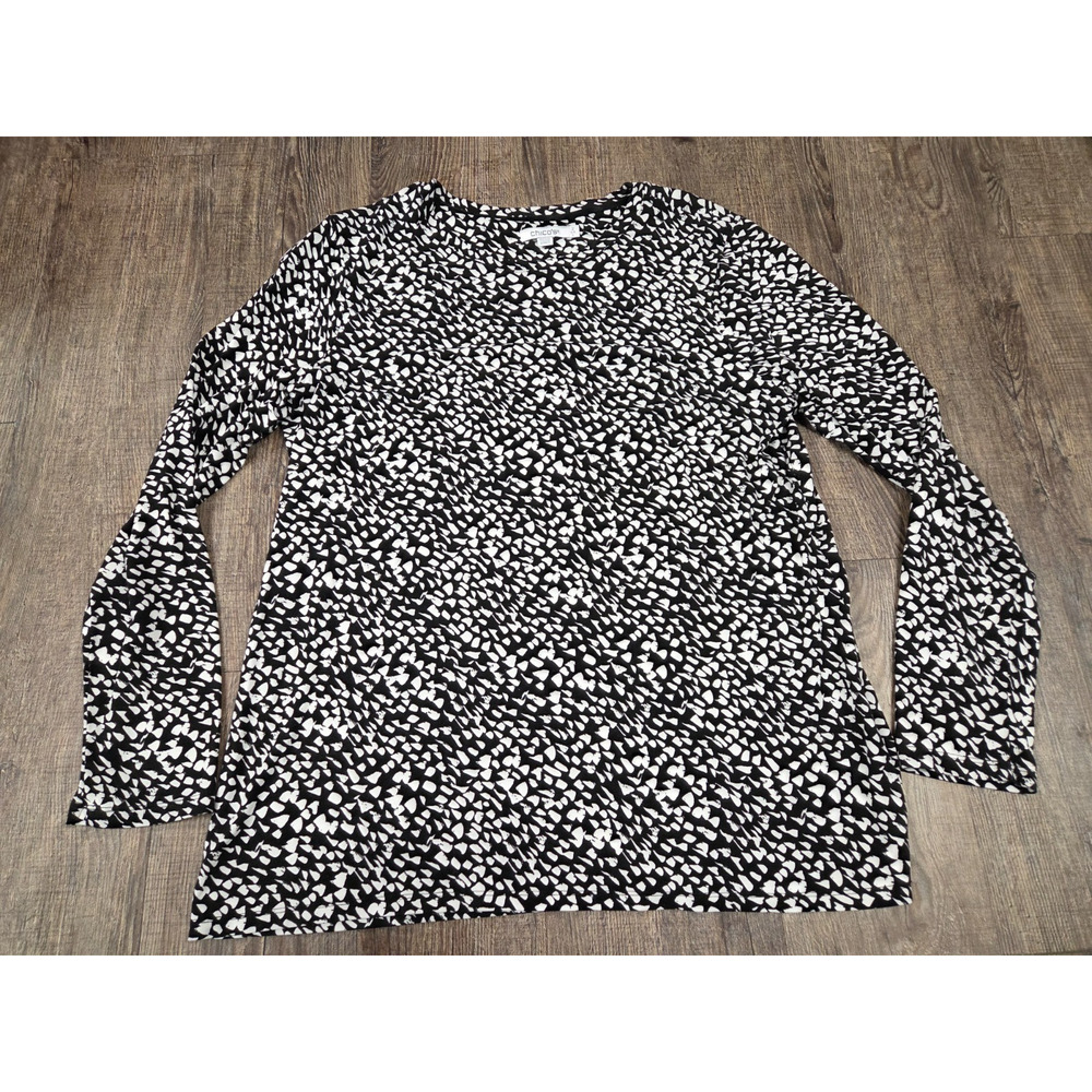 Chico's Black White Pattern Stretch Thin Long Sleeve Blouse Shirt Size 2 Large